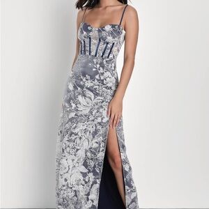 Lulu's Charisma Navy Blue and White Floral Maxi Dress with Side Slit